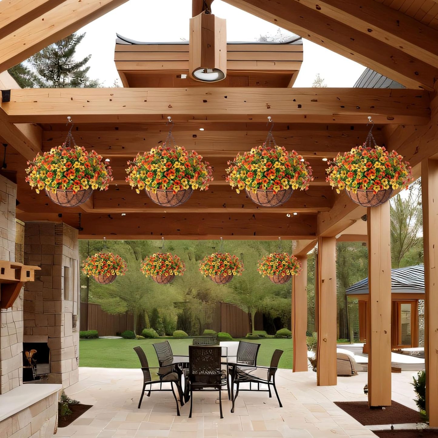 Artificial Silk Flowers Hanging Basket for Outdoor Indoor, Daisy with Eucalyptus Leaves Arrangement for Garden Yard Spring Summer Decor, Faux Green Plant in Metal Coconut Lining Pot(Red Purple)