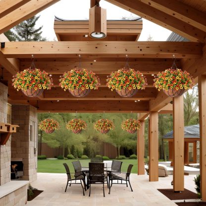 Artificial Silk Flowers Hanging Basket for Outdoor Indoor, Daisy with Eucalyptus Leaves Arrangement for Garden Yard Spring Summer Decor, Faux Green Plant in Metal Coconut Lining Pot(Red Purple)