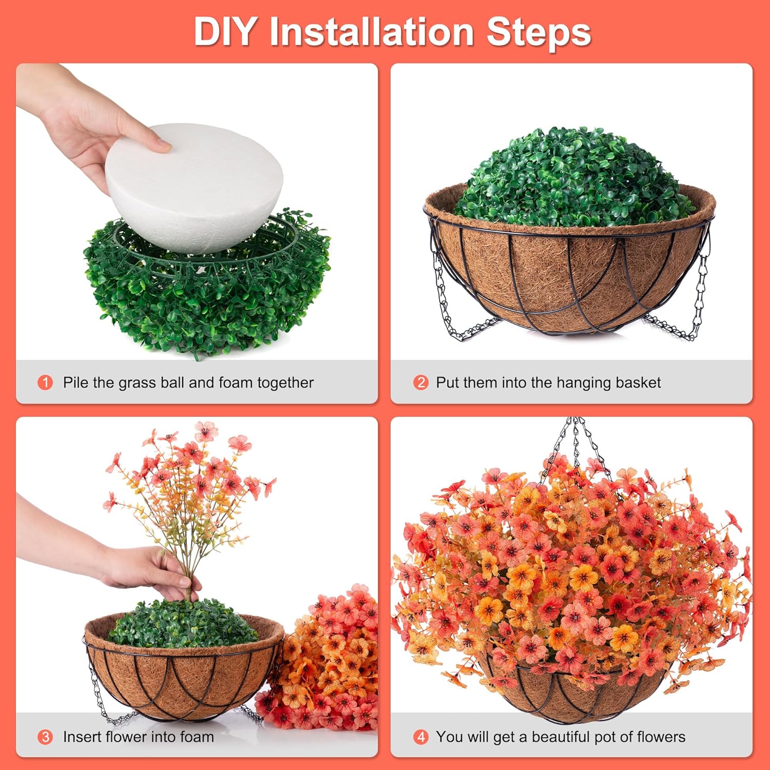 Artificial Silk Flowers Hanging Basket for Outdoor Indoor, Daisy with Eucalyptus Leaves Arrangement for Garden Yard Spring Summer Decor, Faux Green Plant in Metal Coconut Lining Pot(Red Purple)