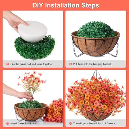 Artificial Silk Flowers Hanging Basket for Outdoor Indoor, Daisy with Eucalyptus Leaves Arrangement for Garden Yard Spring Summer Decor, Faux Green Plant in Metal Coconut Lining Pot(Red Purple)