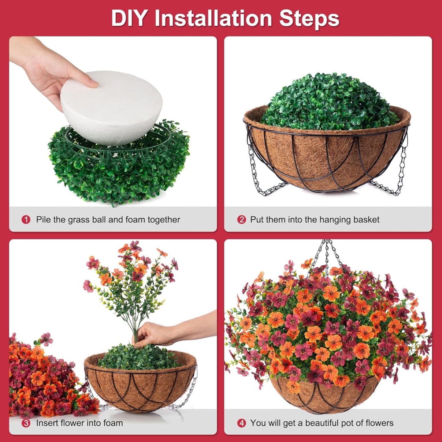 Artificial Silk Flowers Hanging Basket for Outdoor Indoor, Daisy with Eucalyptus Leaves Arrangement for Garden Yard Spring Summer Decor, Faux Green Plant in Metal Coconut Lining Pot(Red Purple)