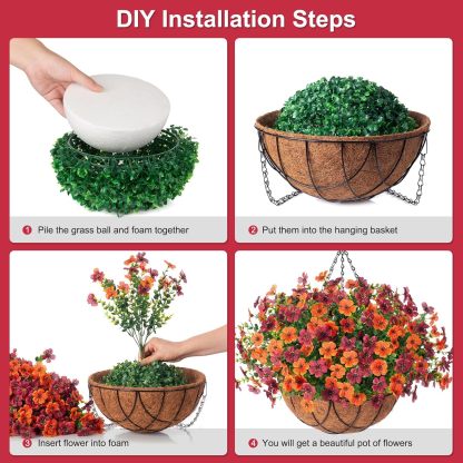 Artificial Silk Flowers Hanging Basket for Outdoor Indoor, Daisy with Eucalyptus Leaves Arrangement for Garden Yard Spring Summer Decor, Faux Green Plant in Metal Coconut Lining Pot(Red Purple)