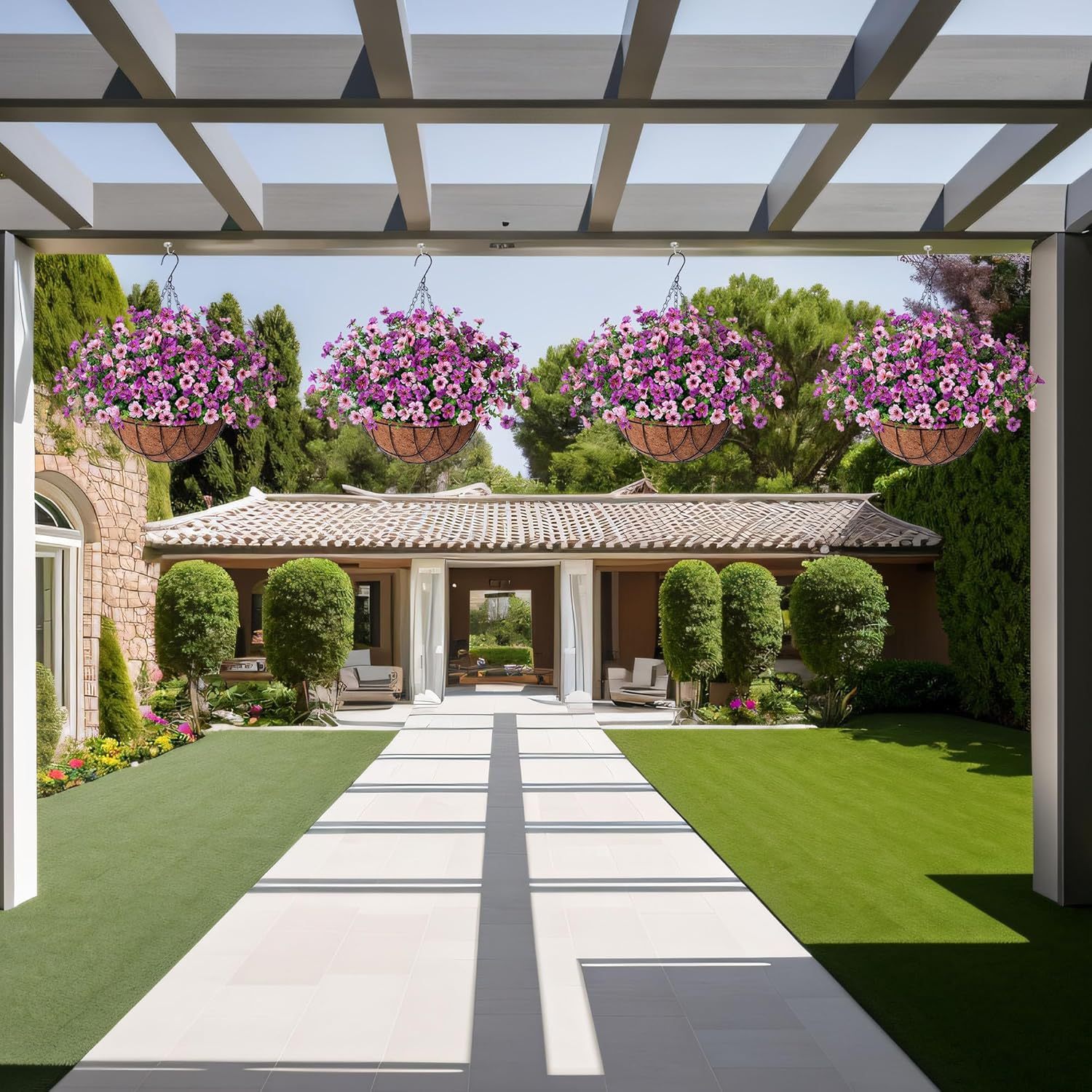 Artificial Silk Flowers Hanging Basket for Outdoor Indoor, Daisy with Eucalyptus Leaves Arrangement for Garden Yard Spring Summer Decor, Faux Green Plant in Metal Coconut Lining Pot(Red Purple)