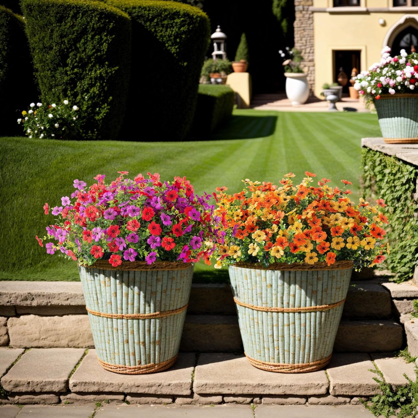 Artificial Silk Flowers Hanging Basket for Outdoor Indoor, Daisy with Eucalyptus Leaves Arrangement for Garden Yard Spring Summer Decor, Faux Green Plant in Metal Coconut Lining Pot(Red Purple)