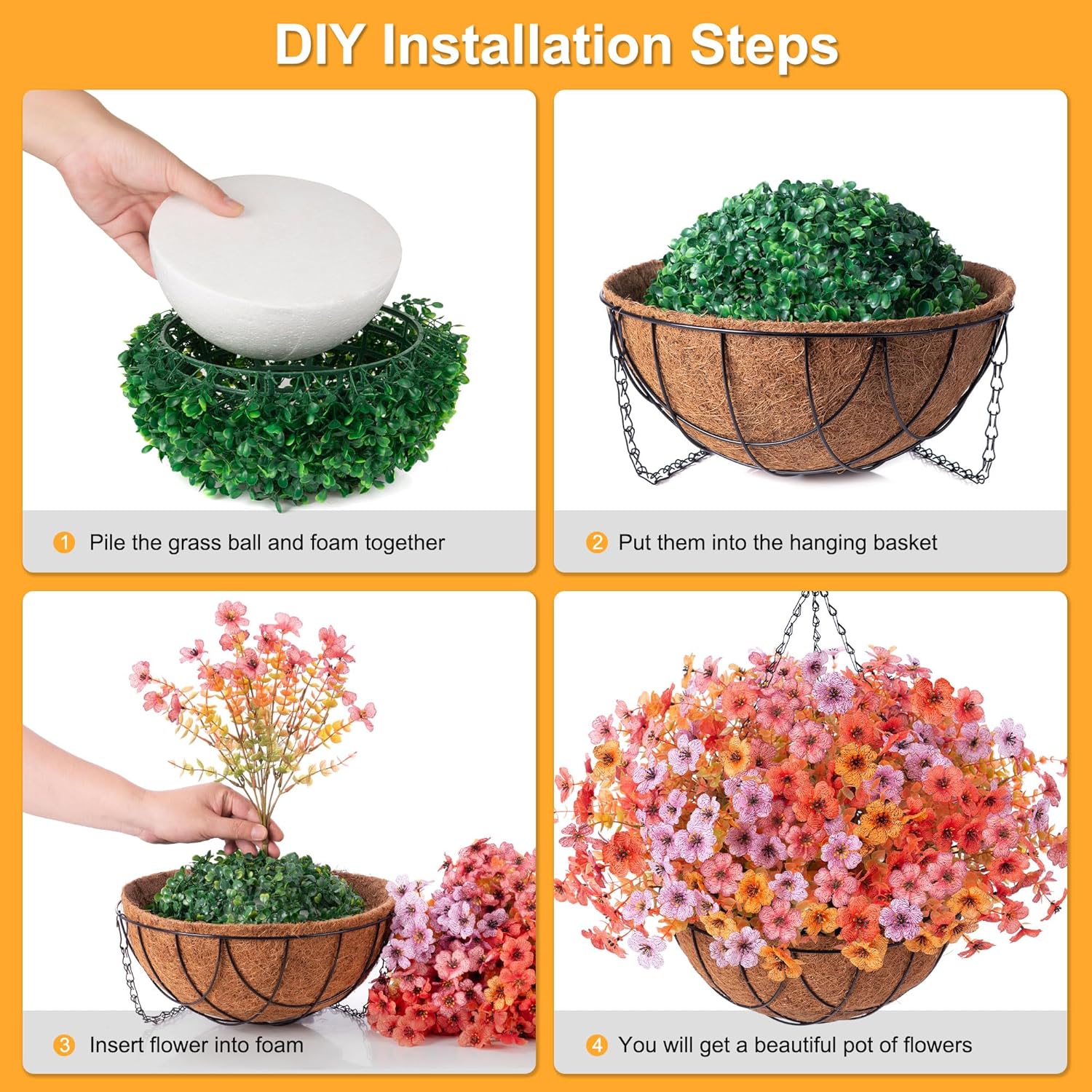 Artificial Silk Flowers Hanging Basket for Outdoor Indoor, Daisy with Eucalyptus Leaves Arrangement for Garden Yard Spring Summer Decor, Faux Green Plant in Metal Coconut Lining Pot(Red Purple)