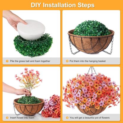 Artificial Silk Flowers Hanging Basket for Outdoor Indoor, Daisy with Eucalyptus Leaves Arrangement for Garden Yard Spring Summer Decor, Faux Green Plant in Metal Coconut Lining Pot(Red Purple)