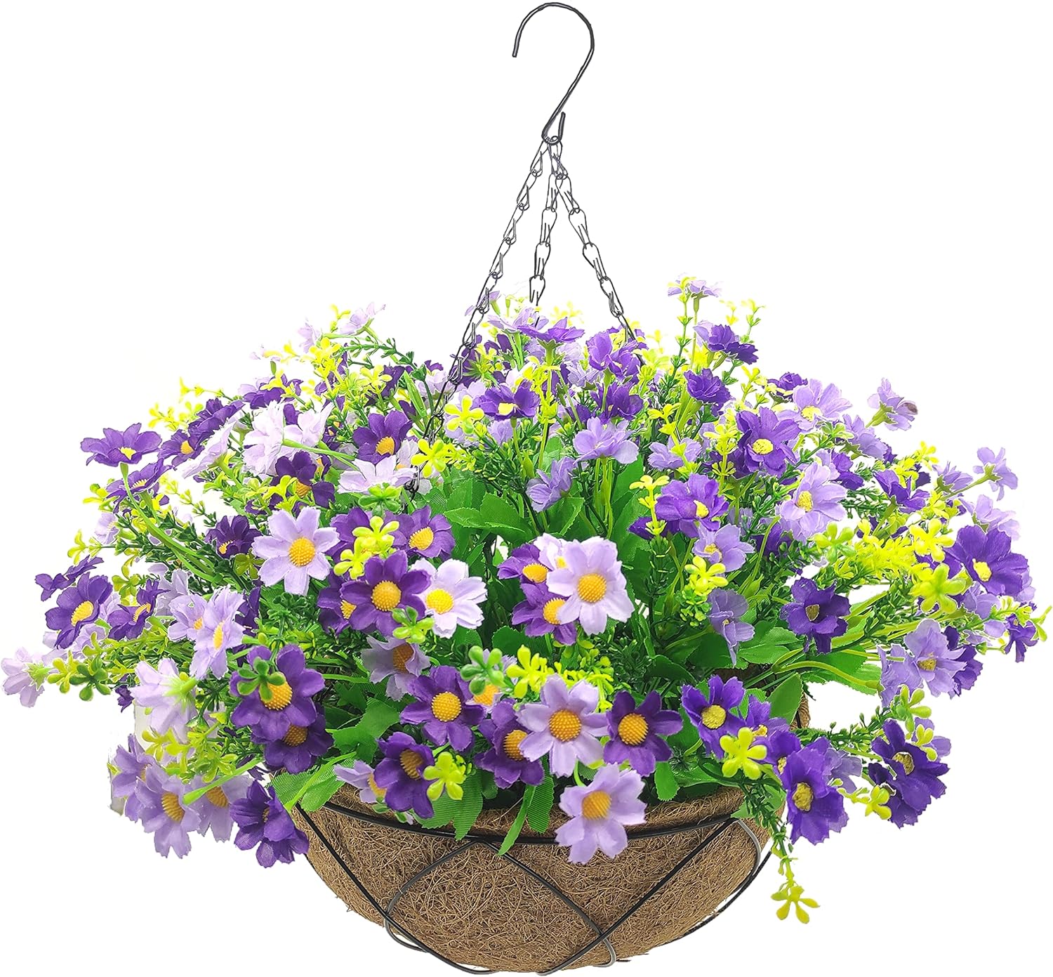 Artificial Faux Hanging Plants Flowers Basket for Fall, Colorful Daisy Flowers Eucalyptus UV Resistant Look Real for Outdoor Outside Porch Decoration