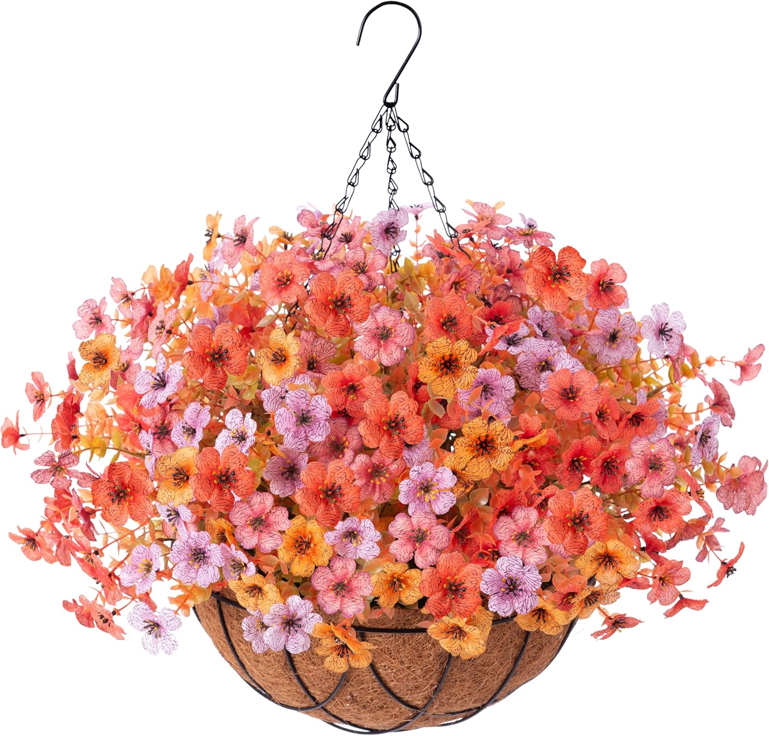 Artificial Silk Flowers Hanging Basket for Outdoor Indoor, Daisy with Eucalyptus Leaves Arrangement for Garden Yard Spring Summer Decor, Faux Green Plant in Metal Coconut Lining Pot(Red Purple)