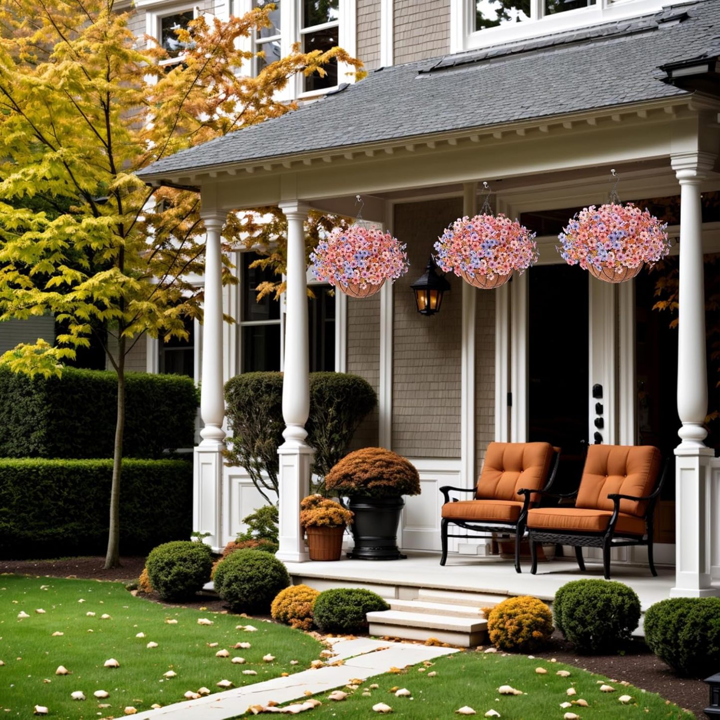 Artificial Silk Flowers Hanging Basket for Outdoor Indoor, Daisy with Eucalyptus Leaves Arrangement for Garden Yard Spring Summer Decor, Faux Green Plant in Metal Coconut Lining Pot(Red Purple)