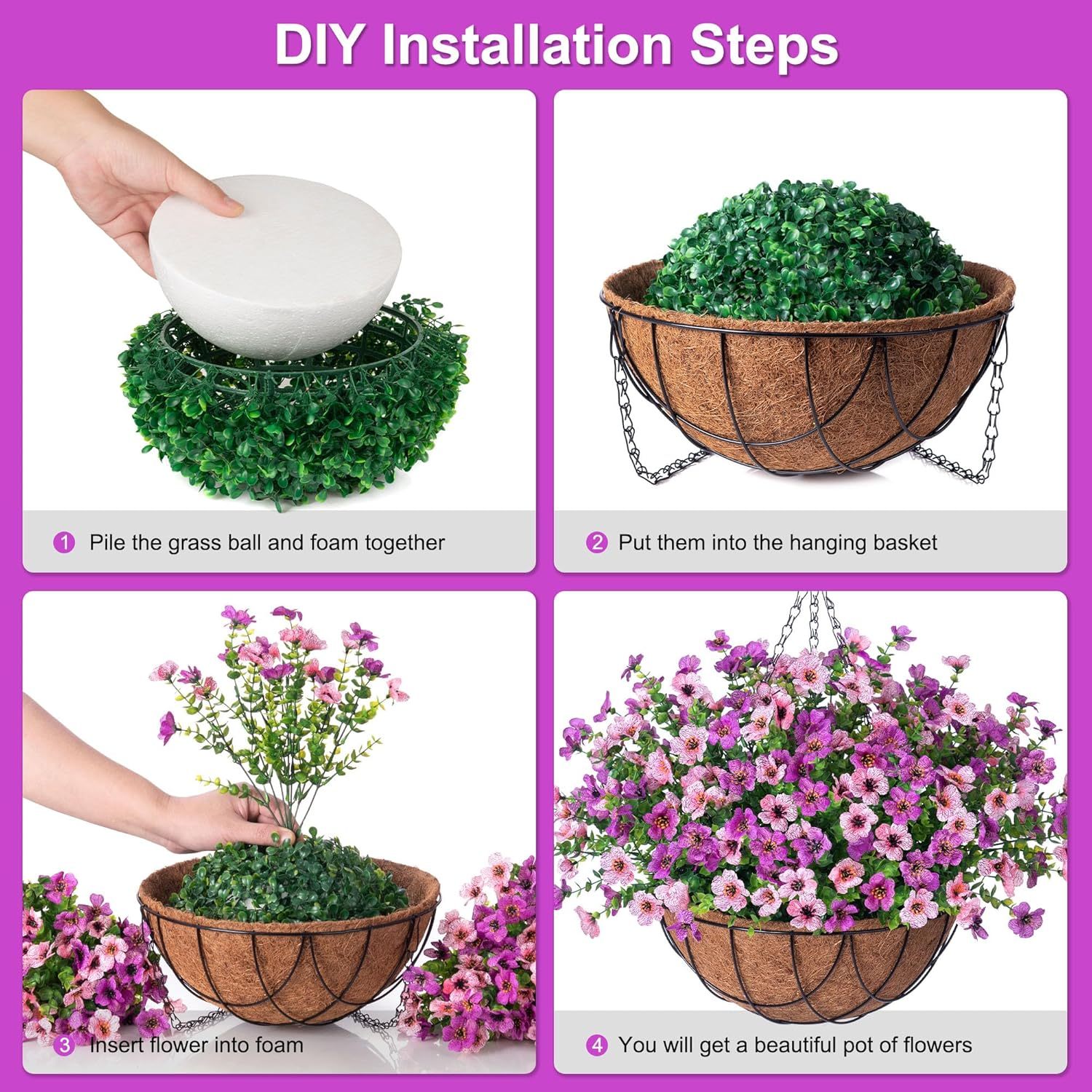 Artificial Silk Flowers Hanging Basket for Outdoor Indoor, Daisy with Eucalyptus Leaves Arrangement for Garden Yard Spring Summer Decor, Faux Green Plant in Metal Coconut Lining Pot(Red Purple)