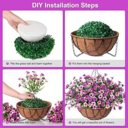 Artificial Silk Flowers Hanging Basket for Outdoor Indoor, Daisy with Eucalyptus Leaves Arrangement for Garden Yard Spring Summer Decor, Faux Green Plant in Metal Coconut Lining Pot(Red Purple)