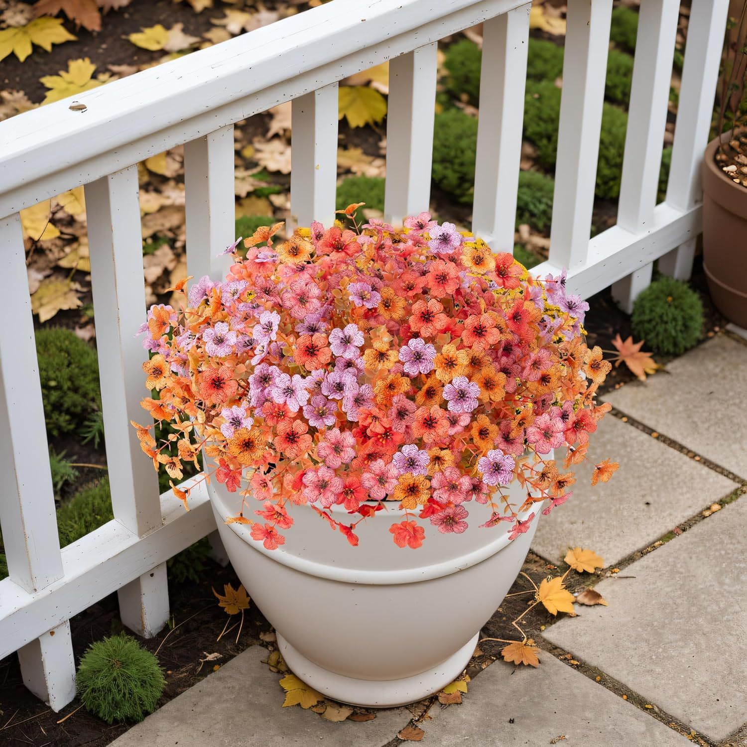 Artificial Silk Flowers Hanging Basket for Outdoor Indoor, Daisy with Eucalyptus Leaves Arrangement for Garden Yard Spring Summer Decor, Faux Green Plant in Metal Coconut Lining Pot(Red Purple)