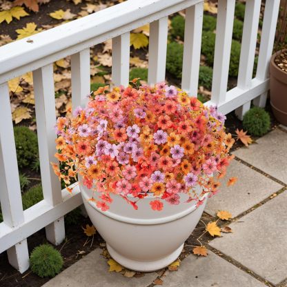 Artificial Silk Flowers Hanging Basket for Outdoor Indoor, Daisy with Eucalyptus Leaves Arrangement for Garden Yard Spring Summer Decor, Faux Green Plant in Metal Coconut Lining Pot(Red Purple)