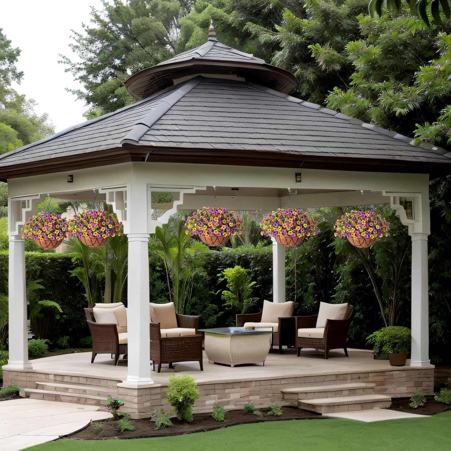 Artificial Silk Flowers Hanging Basket for Outdoor Indoor, Daisy with Eucalyptus Leaves Arrangement for Garden Yard Spring Summer Decor, Faux Green Plant in Metal Coconut Lining Pot(Red Purple)