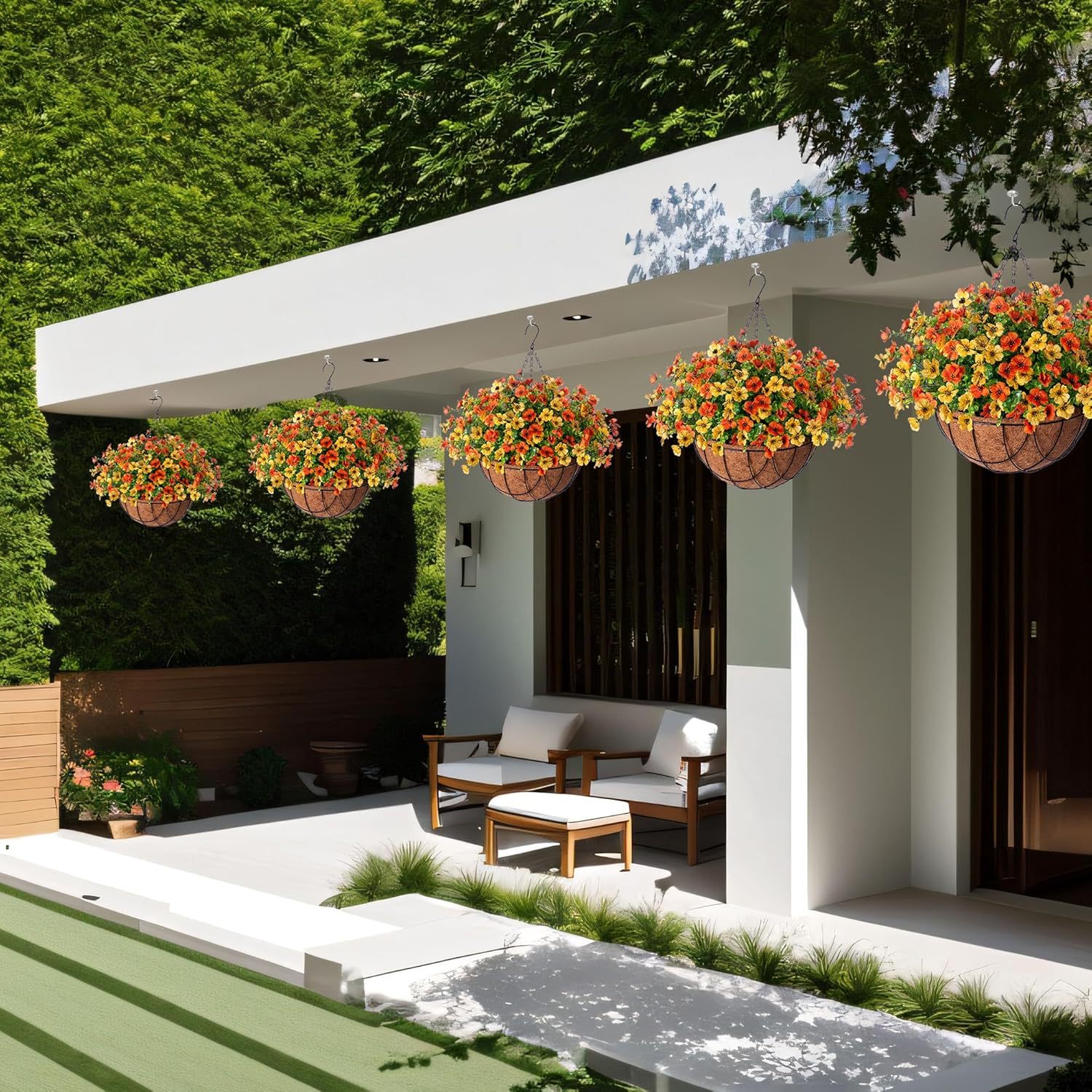 Artificial Silk Flowers Hanging Basket for Outdoor Indoor, Daisy with Eucalyptus Leaves Arrangement for Garden Yard Spring Summer Decor, Faux Green Plant in Metal Coconut Lining Pot(Red Purple)