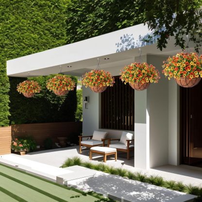 Artificial Silk Flowers Hanging Basket for Outdoor Indoor, Daisy with Eucalyptus Leaves Arrangement for Garden Yard Spring Summer Decor, Faux Green Plant in Metal Coconut Lining Pot(Red Purple)