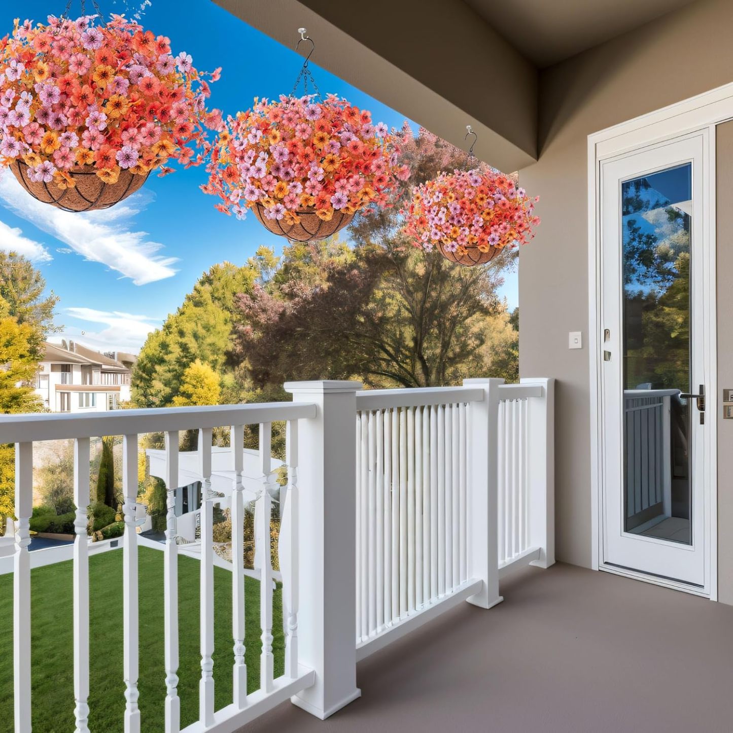 Artificial Silk Flowers Hanging Basket for Outdoor Indoor, Daisy with Eucalyptus Leaves Arrangement for Garden Yard Spring Summer Decor, Faux Green Plant in Metal Coconut Lining Pot(Red Purple)