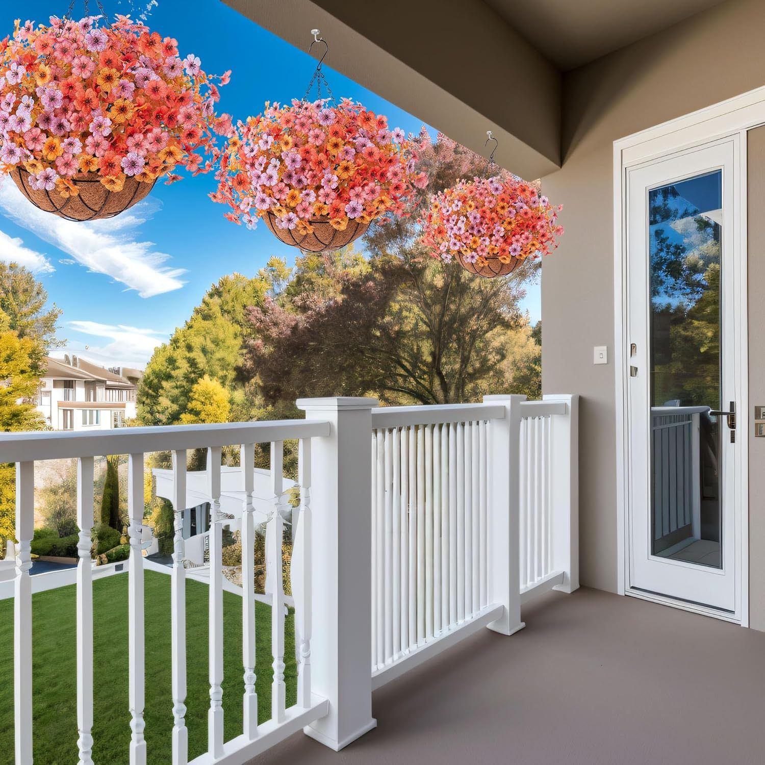 Artificial Silk Flowers Hanging Basket for Outdoor Indoor, Daisy with Eucalyptus Leaves Arrangement for Garden Yard Spring Summer Decor, Faux Green Plant in Metal Coconut Lining Pot(Red Purple)