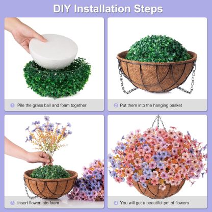 Artificial Silk Flowers Hanging Basket for Outdoor Indoor, Daisy with Eucalyptus Leaves Arrangement for Garden Yard Spring Summer Decor, Faux Green Plant in Metal Coconut Lining Pot(Red Purple)