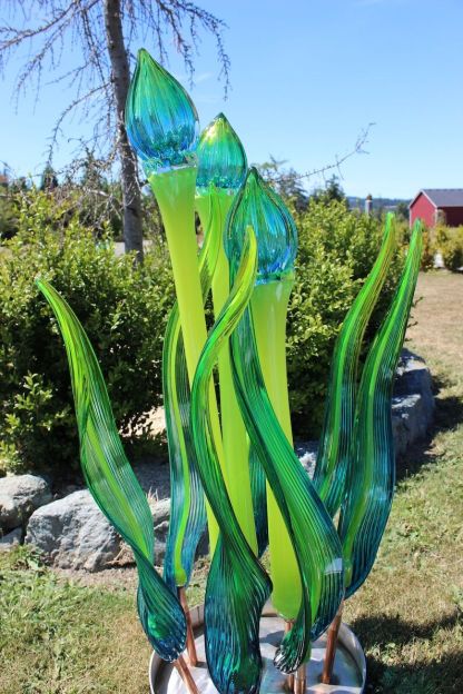 Yard Art Glass Hand Blown Glass handblown Garden Art  glass sculpture Flower Bud Leaf  10 piece set 3410 aqua  blue green