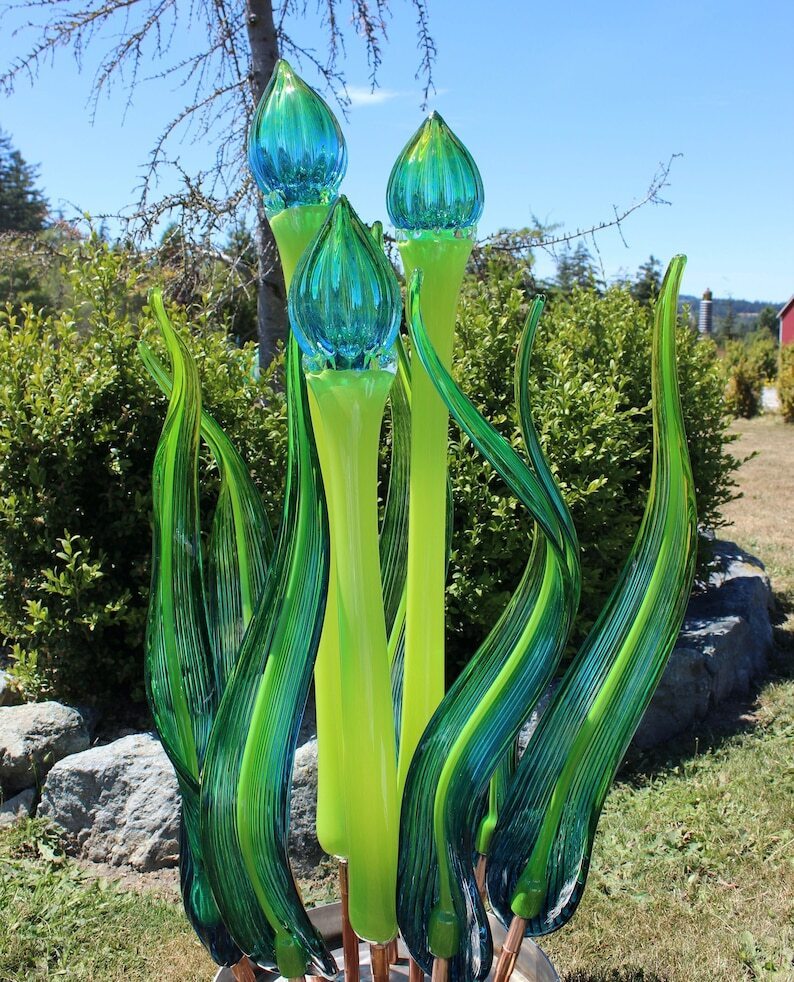 Yard Art Glass Hand Blown Glass handblown Garden Art  glass sculpture Flower Bud Leaf  10 piece set 3410 aqua  blue green