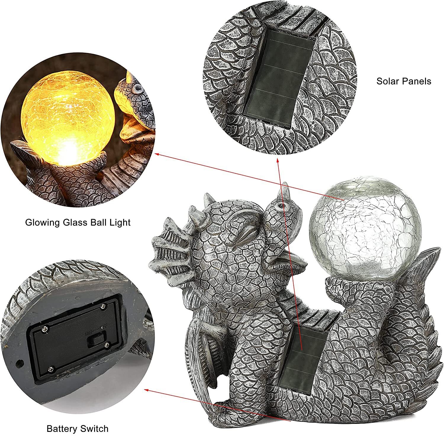 Garden Dragon Statues - Adorable Baby Resin Dragon Figurines, Holding Magic Orb with Solar LED Lights, Outdoor Spring Decorations for Patio Yard Lawn Porch, Ornament Gift