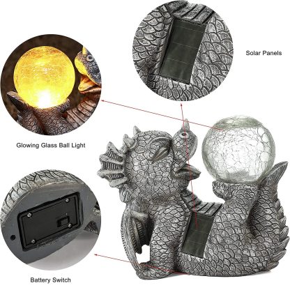 Garden Dragon Statues - Adorable Baby Resin Dragon Figurines, Holding Magic Orb with Solar LED Lights, Outdoor Spring Decorations for Patio Yard Lawn Porch, Ornament Gift