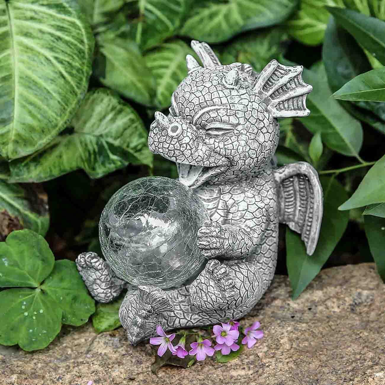 Garden Dragon Statues - Adorable Baby Resin Dragon Figurines, Holding Magic Orb with Solar LED Lights, Outdoor Spring Decorations for Patio Yard Lawn Porch, Ornament Gift