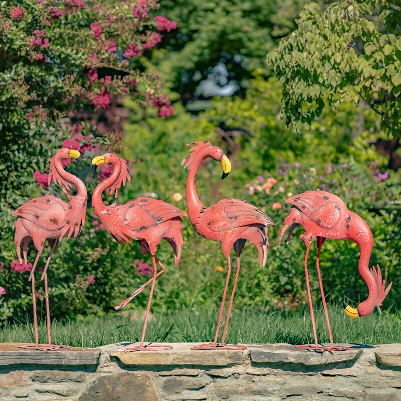 SET OF 4 ASSORTED BRIGHT PINK IRON FLAMINGOS