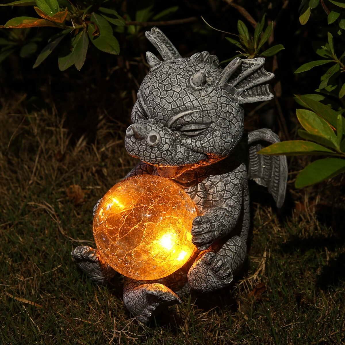 Garden Dragon Statues - Adorable Baby Resin Dragon Figurines, Holding Magic Orb with Solar LED Lights, Outdoor Spring Decorations for Patio Yard Lawn Porch, Ornament Gift