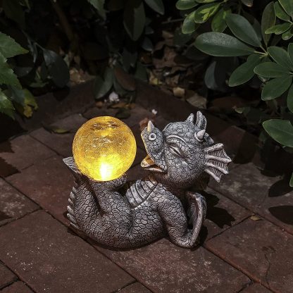 Garden Dragon Statues - Adorable Baby Resin Dragon Figurines, Holding Magic Orb with Solar LED Lights, Outdoor Spring Decorations for Patio Yard Lawn Porch, Ornament Gift