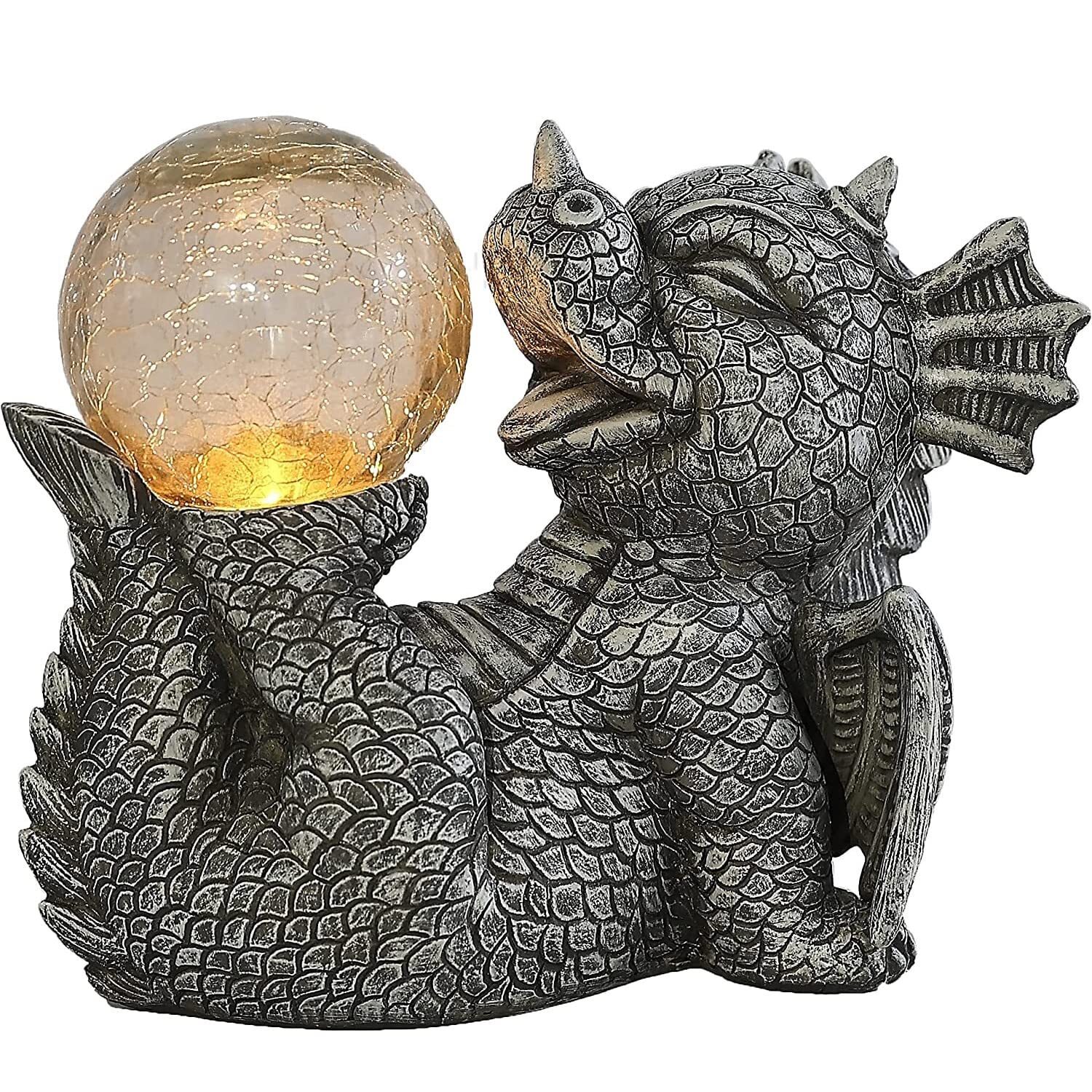 Garden Dragon Statues - Adorable Baby Resin Dragon Figurines, Holding Magic Orb with Solar LED Lights, Outdoor Spring Decorations for Patio Yard Lawn Porch, Ornament Gift