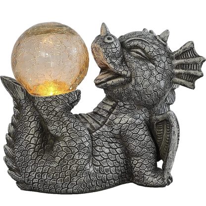 Garden Dragon Statues - Adorable Baby Resin Dragon Figurines, Holding Magic Orb with Solar LED Lights, Outdoor Spring Decorations for Patio Yard Lawn Porch, Ornament Gift