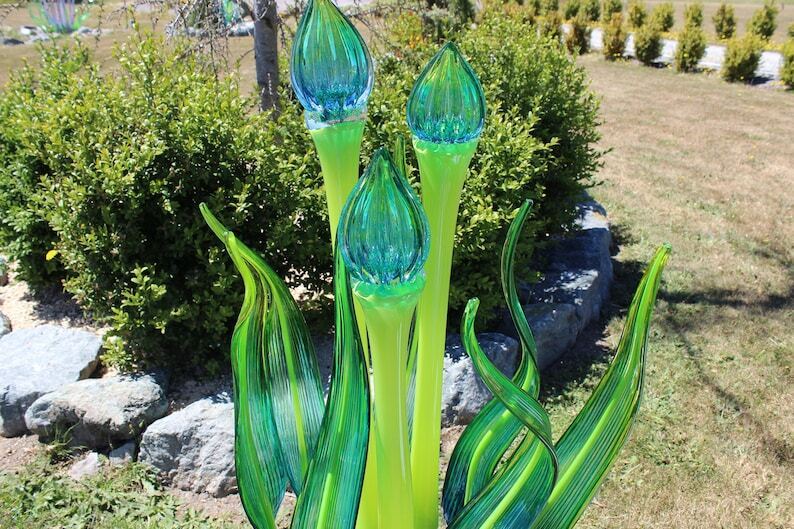 Yard Art Glass Hand Blown Glass handblown Garden Art  glass sculpture Flower Bud Leaf  10 piece set 3410 aqua  blue green