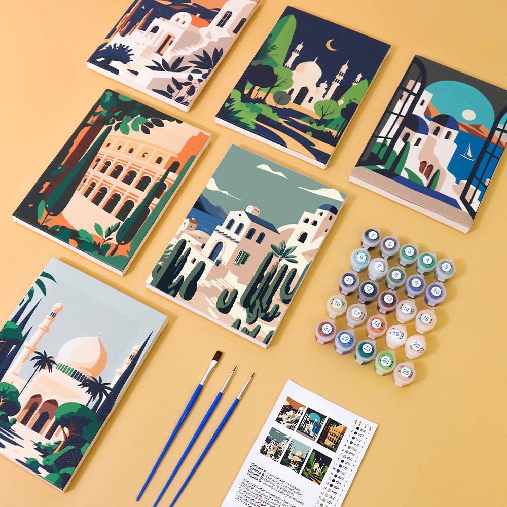 6 pieces, architectural mini digital painting set, 15x20cm/5.9x7.8 inches, handmade, suitable for family leisure, is the perfect gift for family and friends.