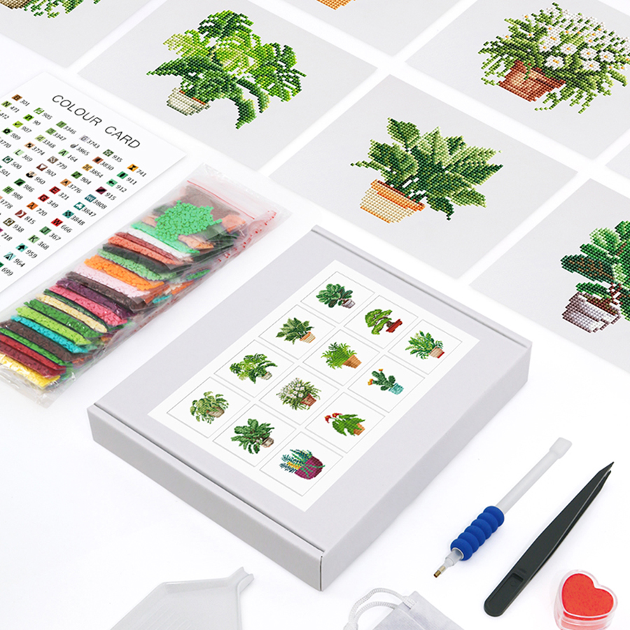 Frameless, mini diamond painting, creative mini diamond painting of green plants on the entrance flower house desktop, creative simple pattern diamond painting, 12 pcs, 5.9 X7 inches.