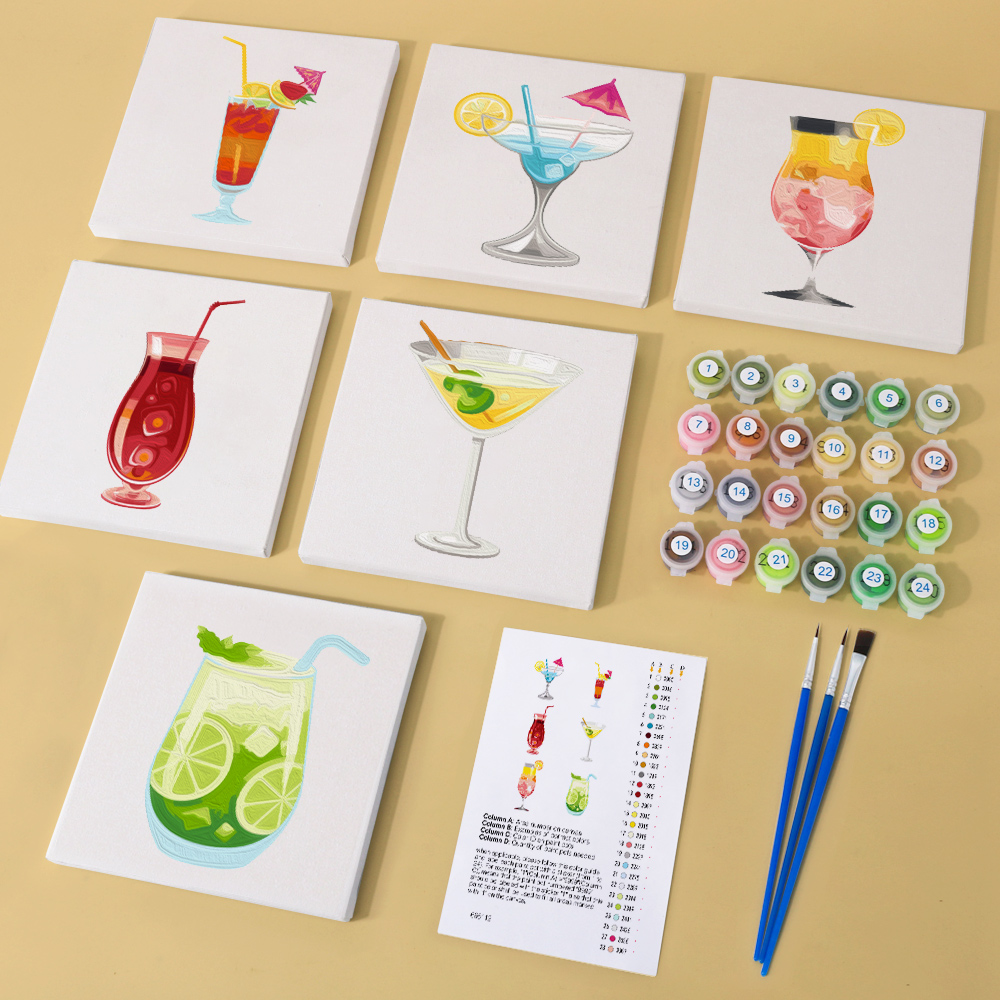6 pieces, summer beverage desktop accessories digital mini painted set, 15x15cm/5.9x5.9 inches, handmade for family leisure, perfect gift for friends and family.