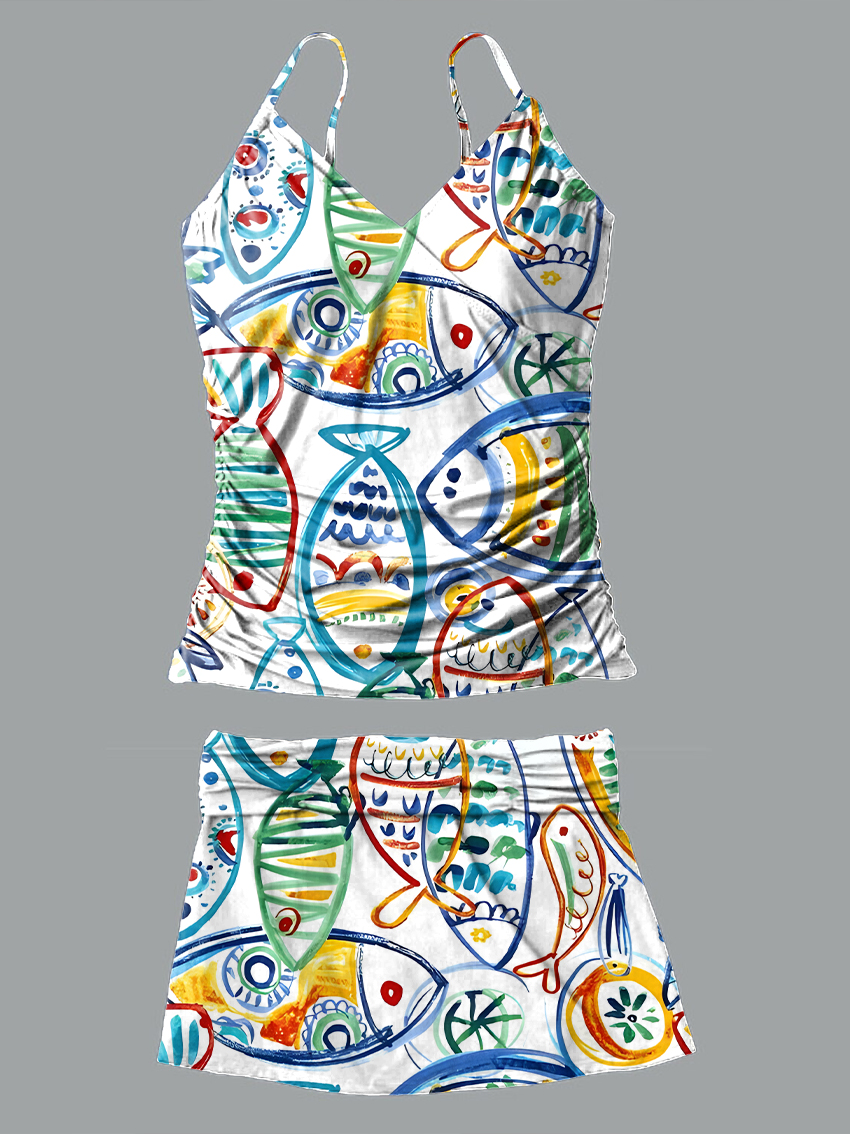 V-Neck Retro Multicolor Fish Art Print Suspender Skirt Tankini Pantskirt Set Swimsuit