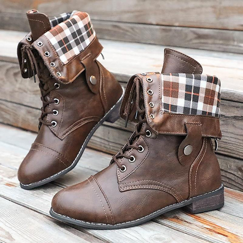 New Women's Round Toe High Flat Heel Martin Boots Flat Heel