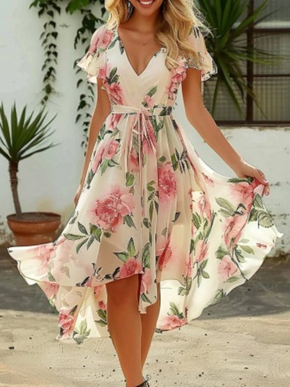 Ruffled Sleeves Elegant Floral Regular Fit Dress
