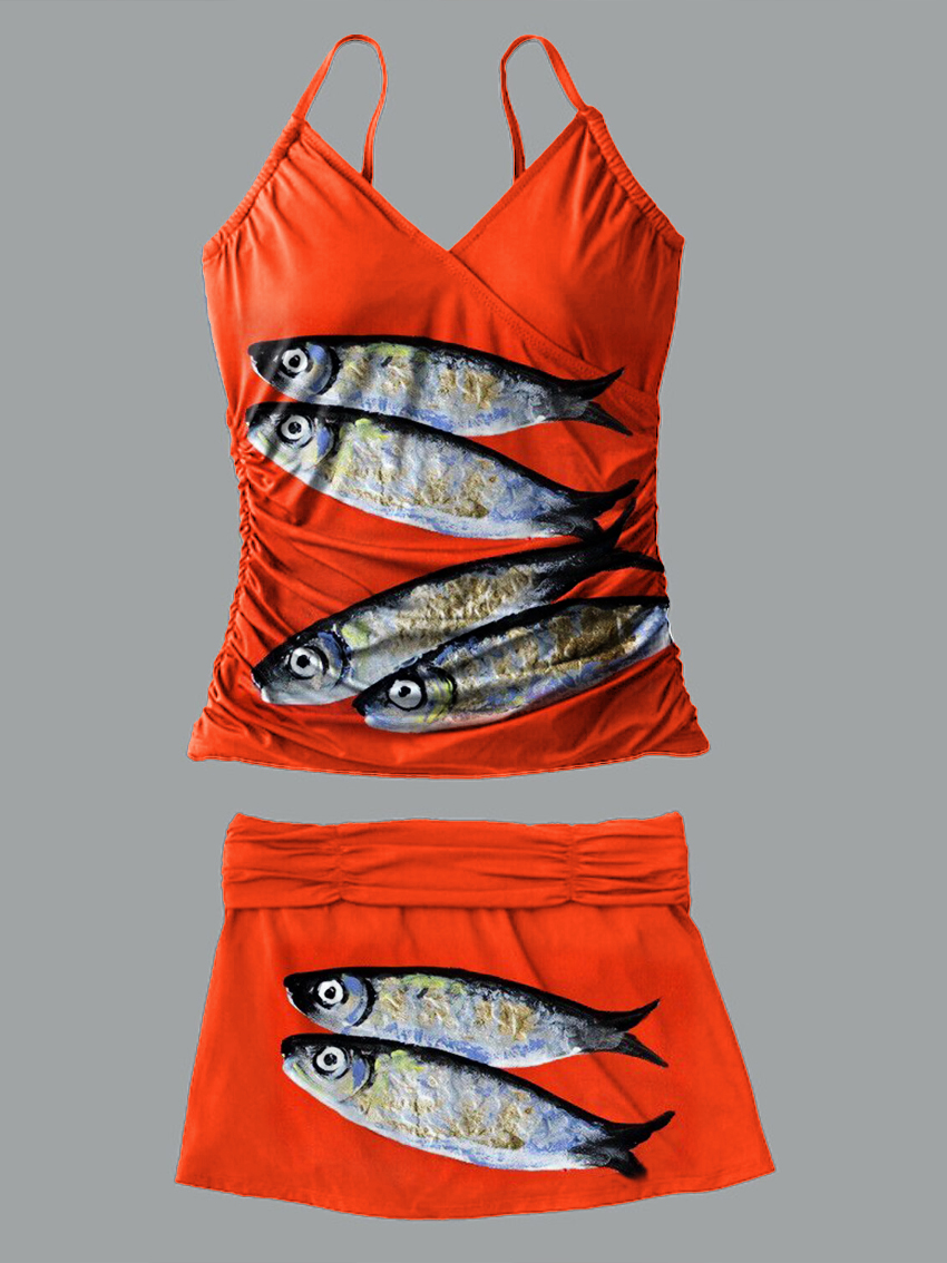 V-Neck Vintage Fish Print Suspender Skirt Tankini Pantskirt Set Swimsuit