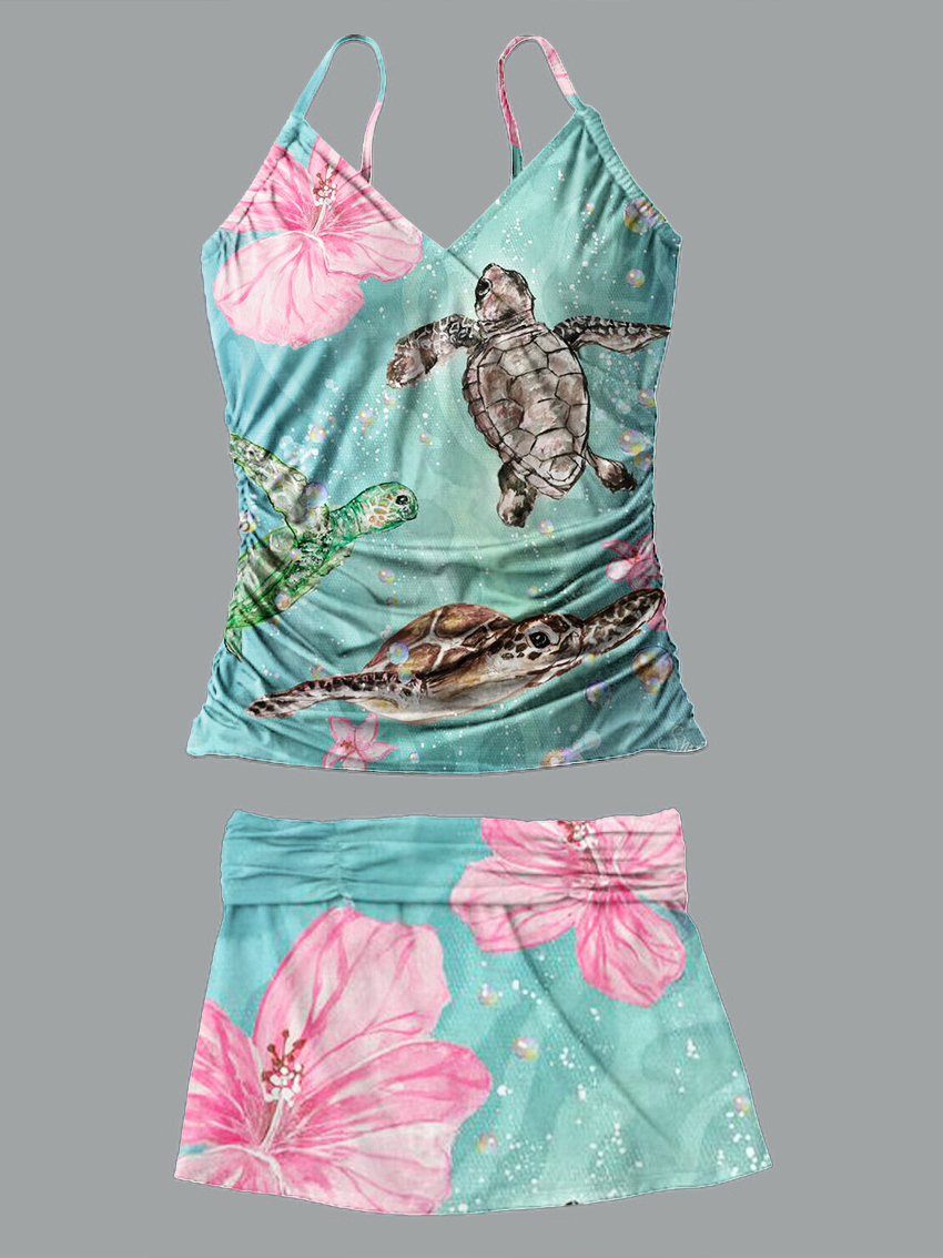 V-Neck Vintage Flowers Turtle Ripple Print Suspender Skirt Tankini Pantskirt Set Swimsuit