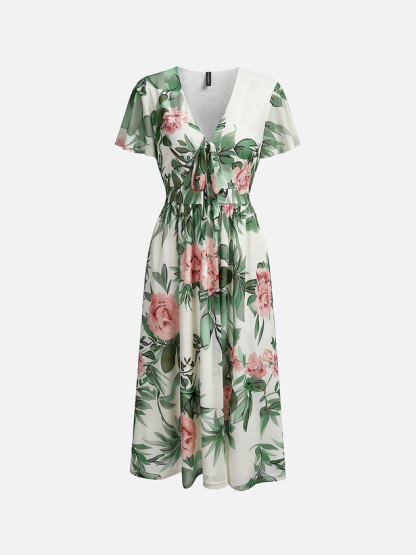 Ruffled Sleeves Elegant Floral Regular Fit Dress