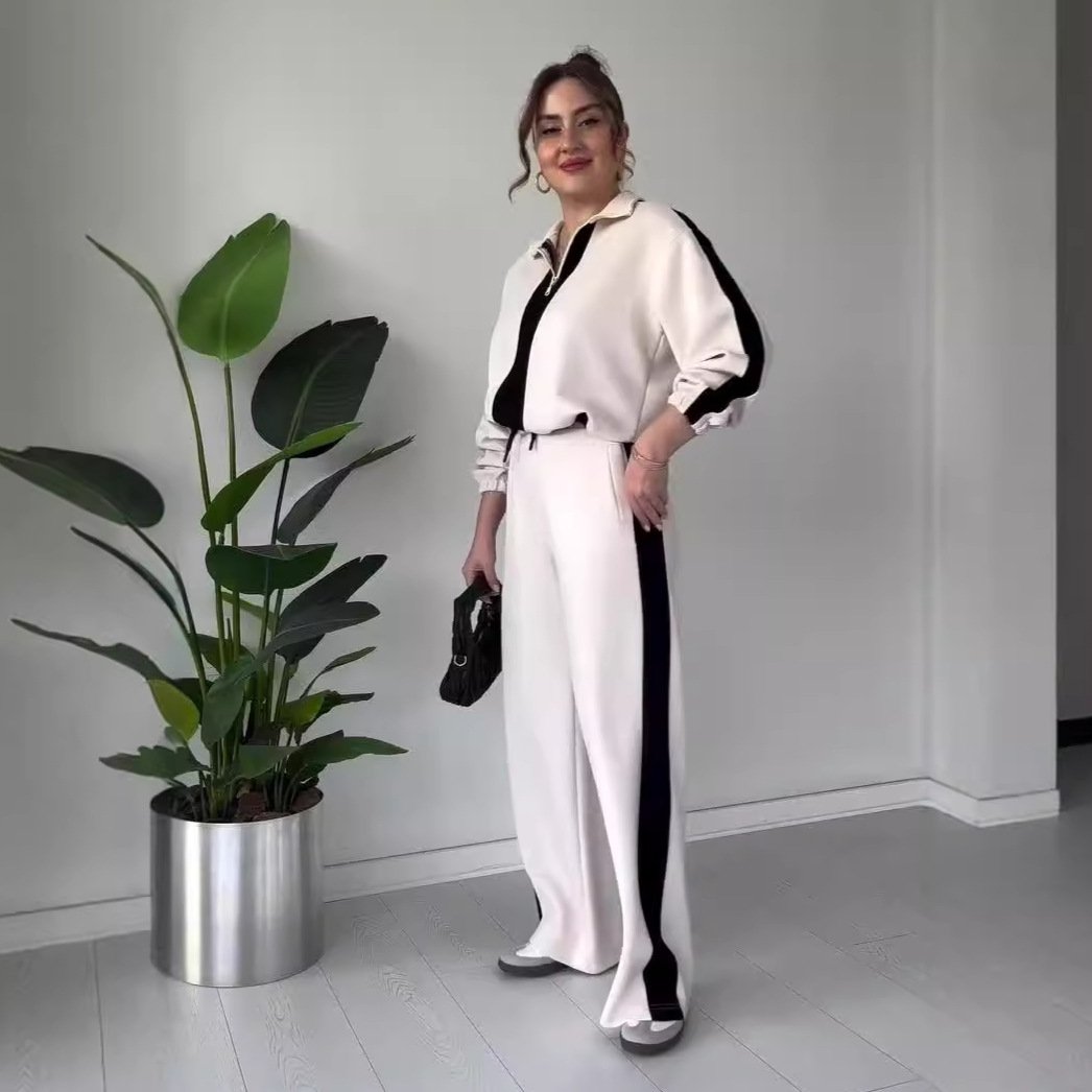 Women's Zipper Lapel Tops & Pants 2-Piece Set
