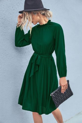Belted Frill Neck Long Sleeve Dress