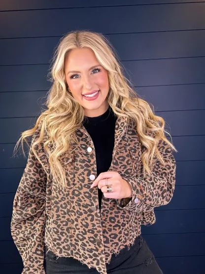 2025 Vintage Latte Leopard Washed Corduroy Jacket With Distressed Hem