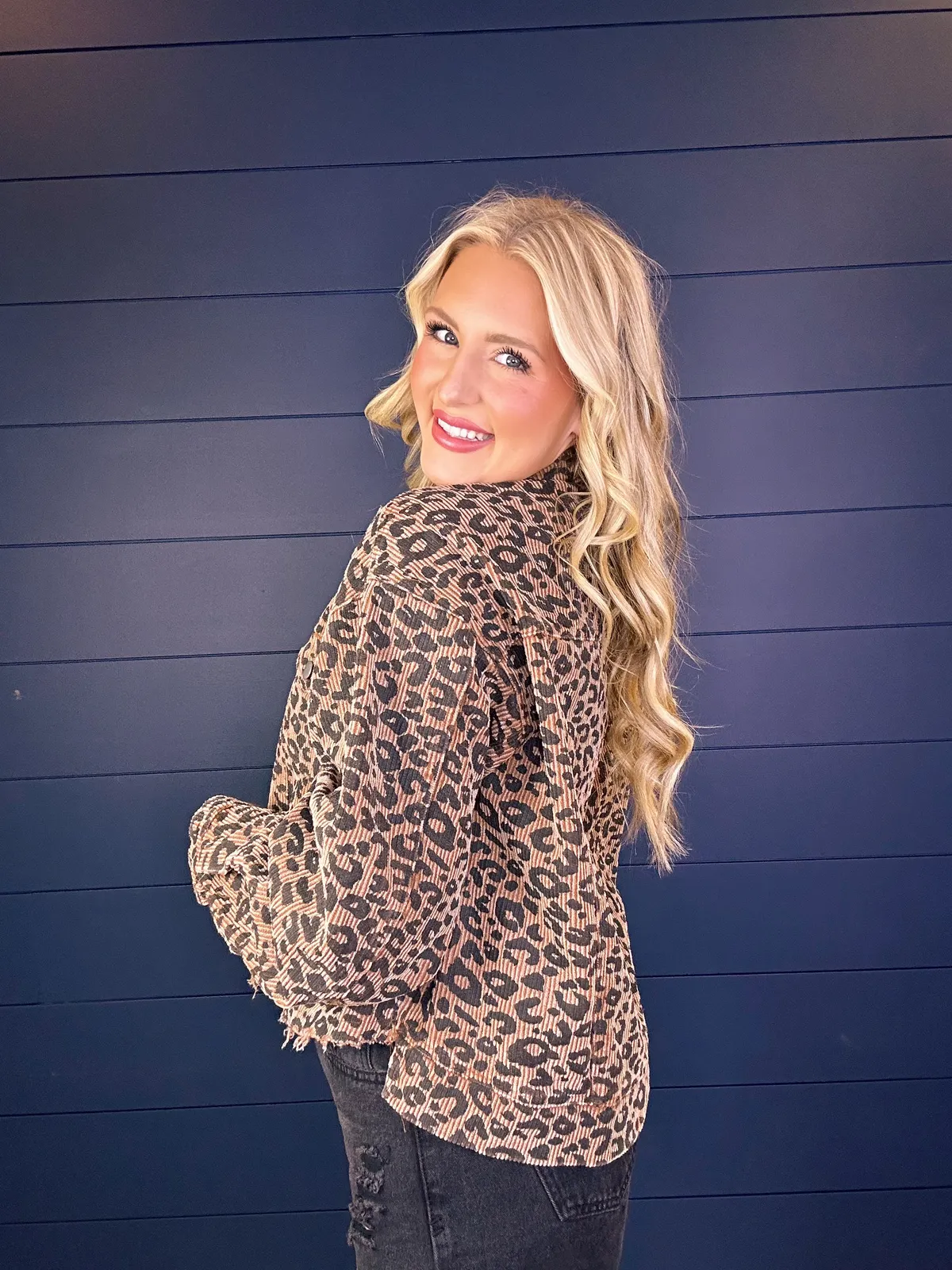 2025 Vintage Latte Leopard Washed Corduroy Jacket With Distressed Hem