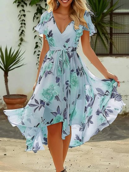 Ruffled Sleeves Elegant Floral Regular Fit Dress