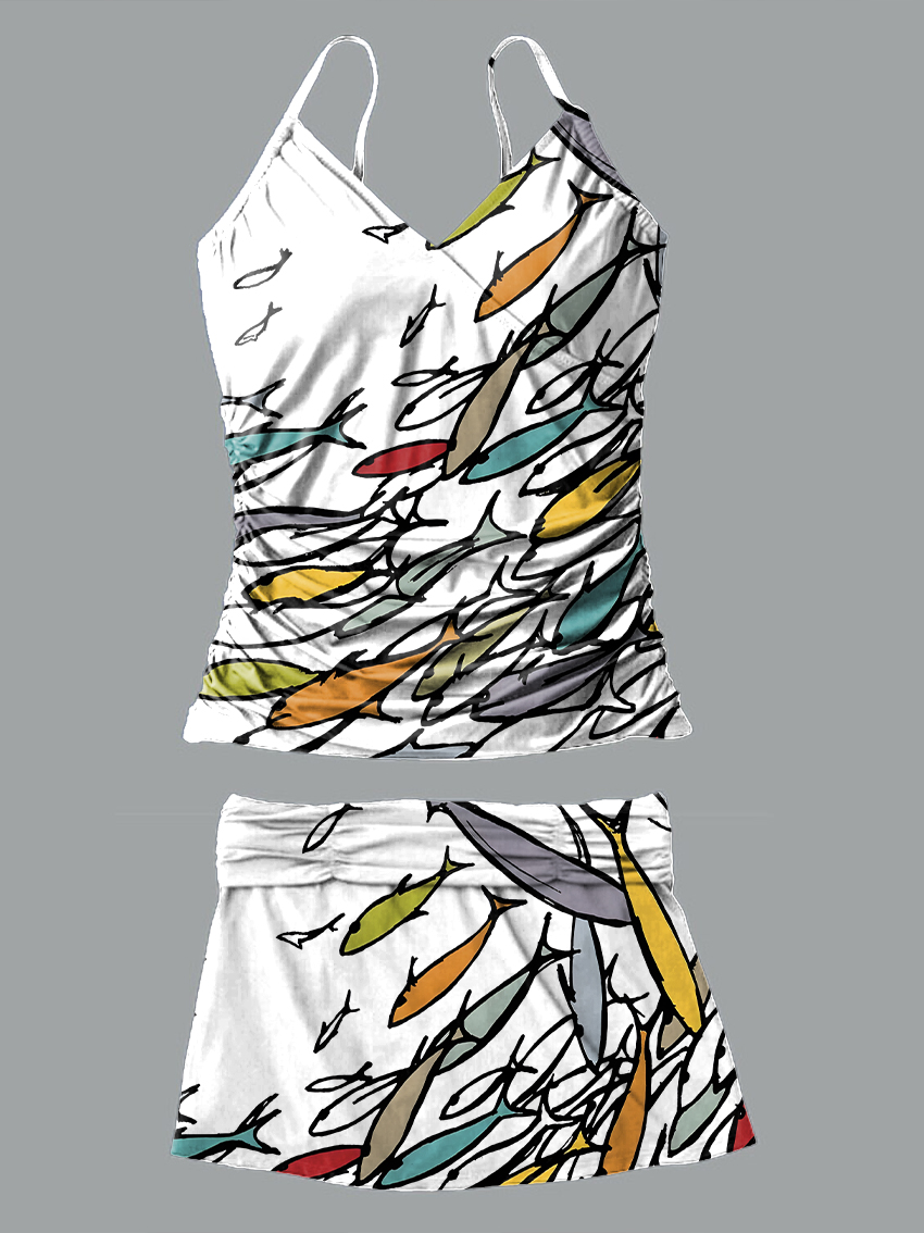V-Neck Retro Multicolor Fish Art Print Suspender Skirt Tankini Pantskirt Set Swimsuit