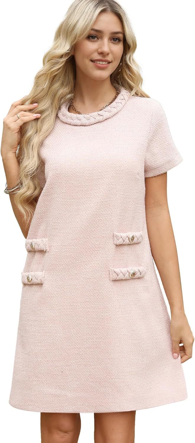 ✨HOT SALE✨2025 NEW Womens Tweed Jackie Dress Elegant Crew Neck Short Sleeve Button Bodycon Mini Dress